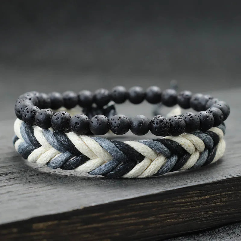 Fashionable 2Pcs Men Bracelet Set Coconut Husk Beads Braslet Lava Tiger Eyes Turquoises Stone Healing Braclet Bileklik Erkek