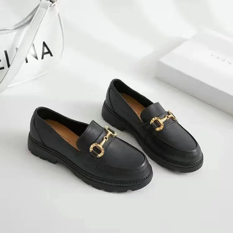2022 New Lefort Shoes Spring Autumn British Style Vintage Small Gold Buckle Round Toe PVC Thick Bottom Lefort Shoes