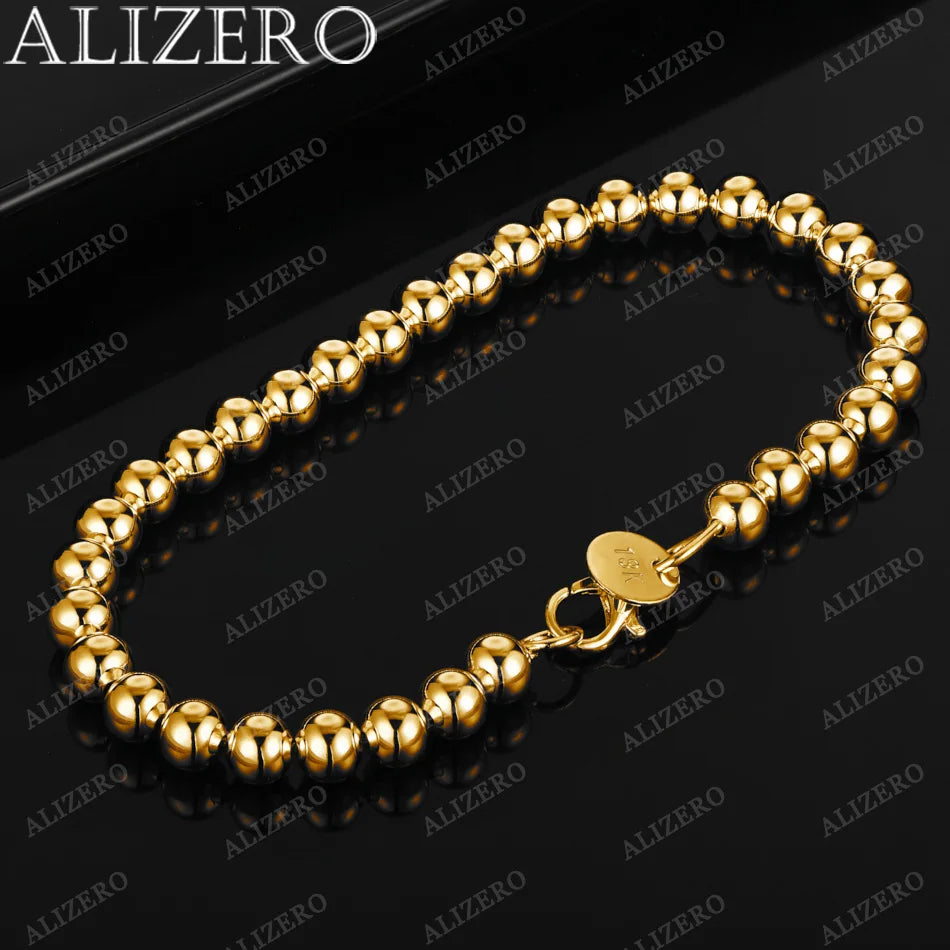 ALIZERO 18K Gold Bracelet 4/6/8/10/14MM Smooth Beads Ball Chain Bracelets For Woman Men Fashion Wedding Party Gift Fine Jewelry