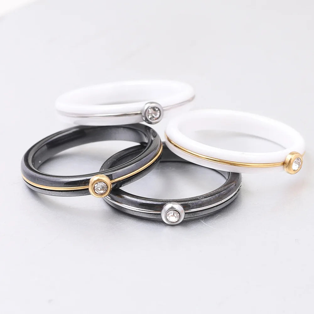HNSP 4MM luxury Zircon Ceramic Black White Ring For Women Finger Jewelry Accessories