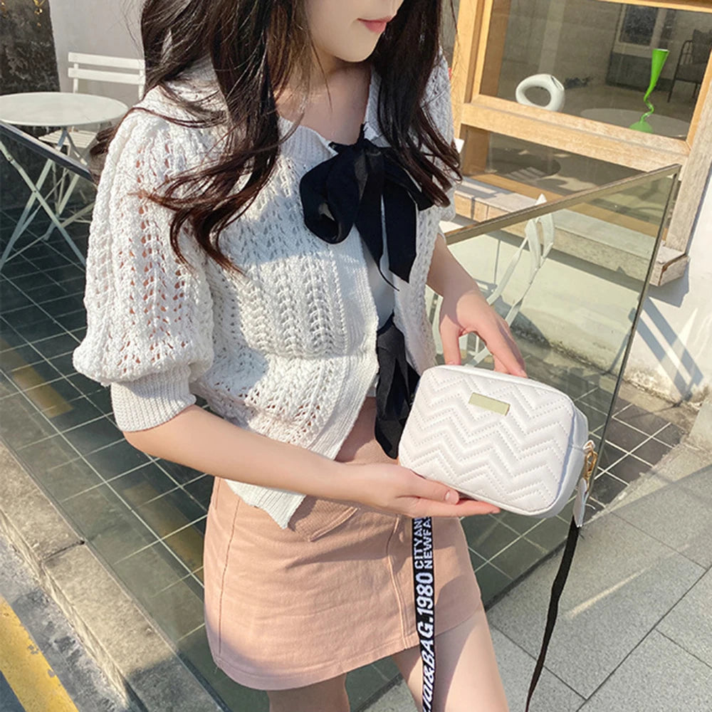 Fashion Wave Pattern Women Shoulder Bag Solid Color Crossbody Bag PU Leather Wide Shoulder Strap Bag Purse Female Handbags