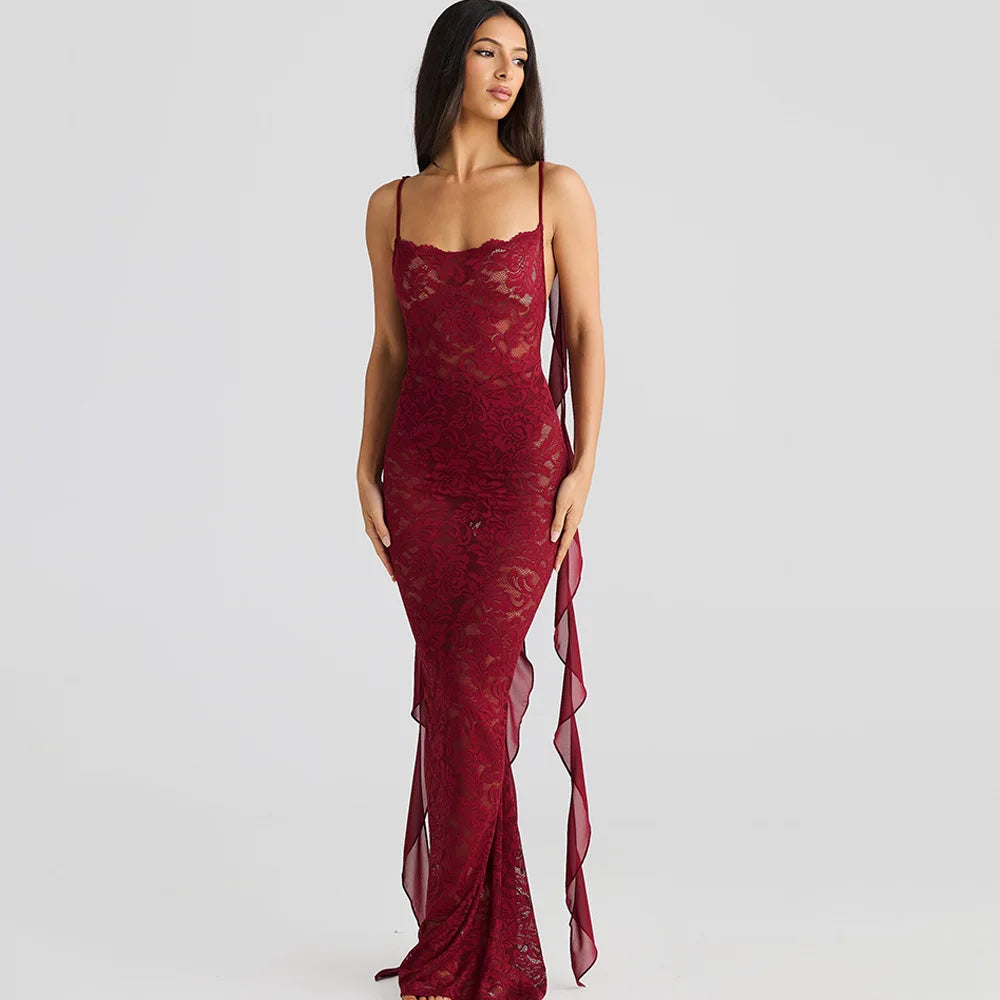 Articat Sexy Sleeveless Lace Patchwork Print Women Backless Party Evening Dress 2024 New Trailing Long Skirt Flowing Vestido