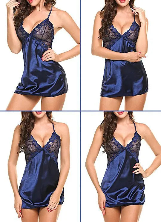 Sexy Lace Robe Dress+G String Thongs Women Erotic Transparent Sleepwear Pajamas Lace Nightdress Mujer Pornos Costumes Underwear
