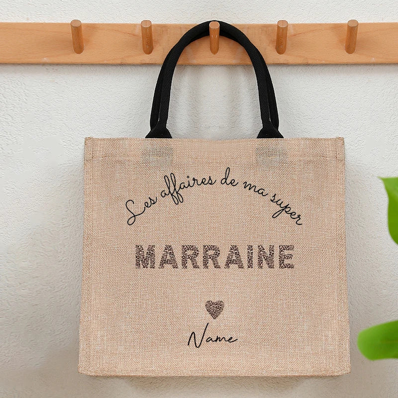Customizable with Name Leopard Letter for Tata Marraine Garland Patterns Jute Tote with Hand Shopping Bag for Godparents Gifts