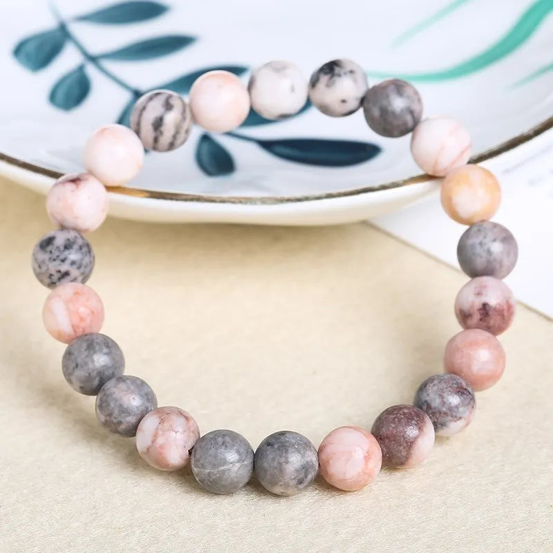JD Natural Pink Zebra Jasper Stone Bead Bracelet Handmade Yoga Healing Wristband Jewelry for Women Men Bohe Simple Jewelry Gift