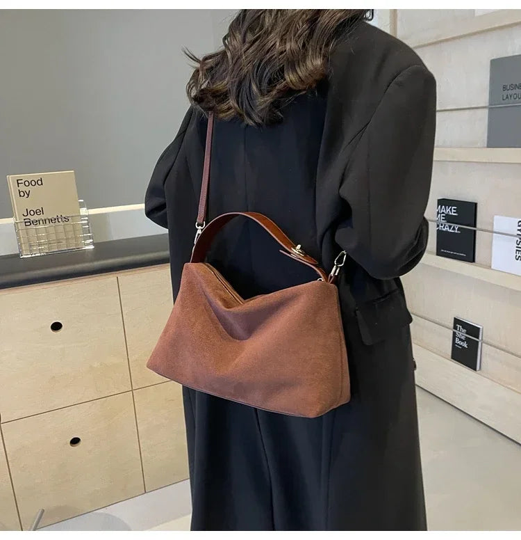 New Solid Color PU Zipper Women's Bag Suede Large Capacity Women's Shoulder Bag Fashion Versatile Casual Dual Purpose Handbag
