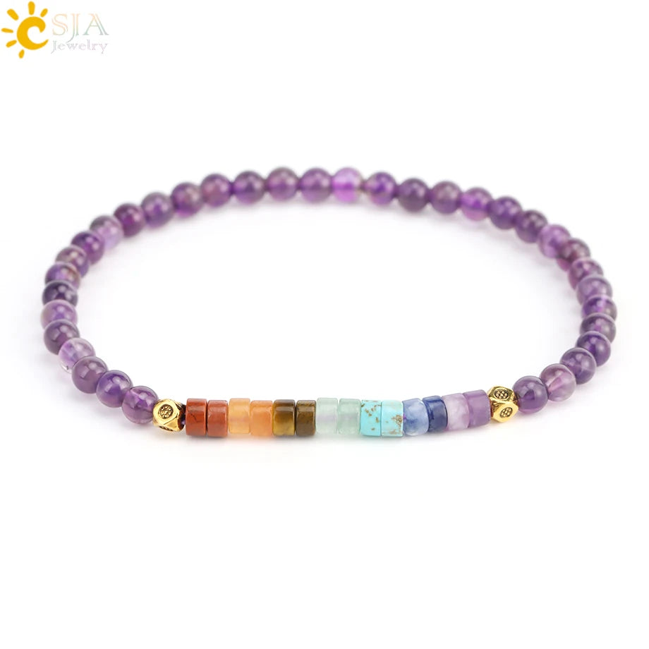 CSJA Natural Stone Bracelet Healing 7 Chakra Crystal Bracelet  Black Obsidian Tiger Eye 4mm Mini Beaded Bangle Luck Jewelry H393