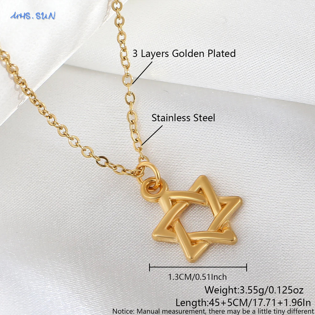 MHS.SUN Luxury Star of David Necklaces for Women Men Fashion Hollow Hexagonal Star Pendant Chain Necklace Judaica Jewish Jewelry