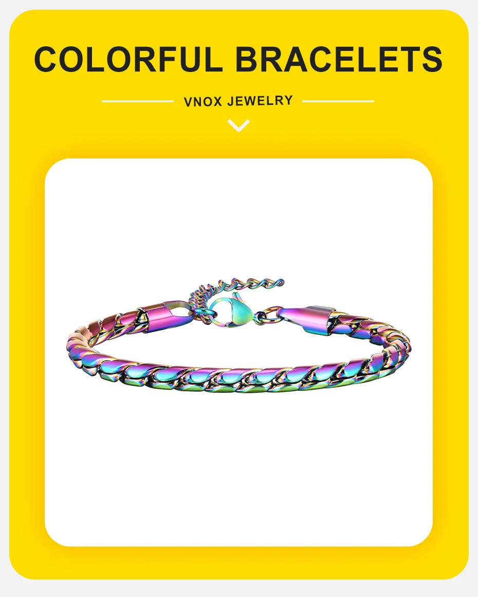 Vnox Colored Stainless Steel Handmade Snake Chain Bracelets for Men Boys,Adjustable Simple Metal Link Wristband, Hippie Jewelry