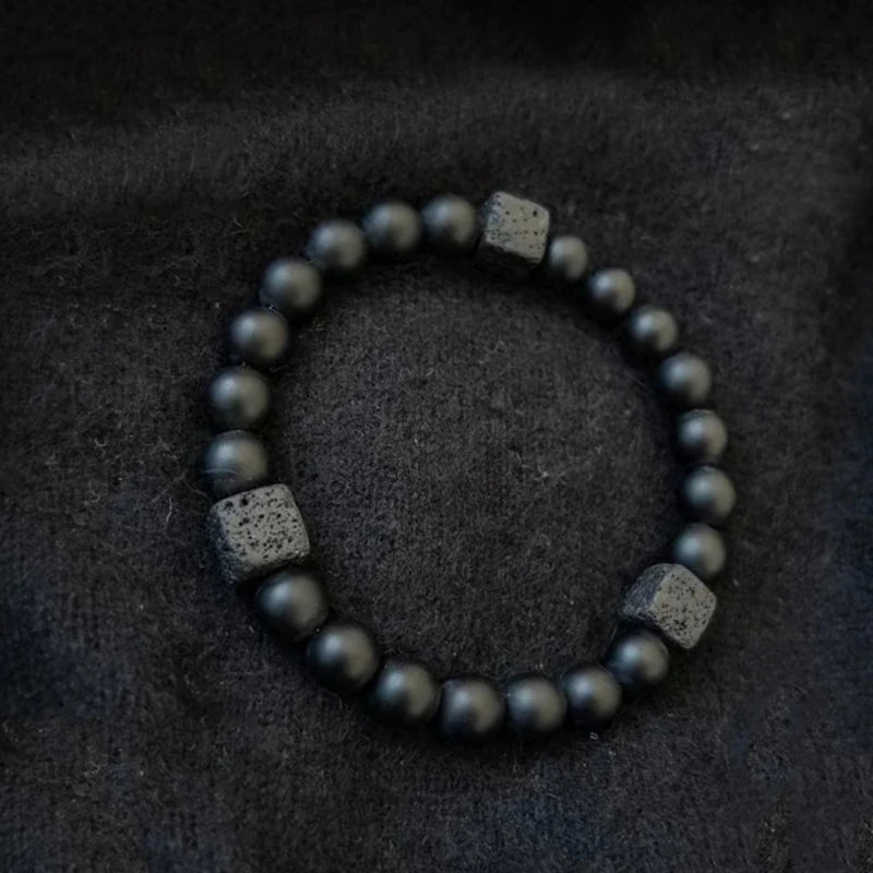 YIZIZAI Black Matte Onyx with Cube Lava Bracelet Yoga Balance Energy Stretch Bracelet Men Women Natural Gemstone Healing Jewelry