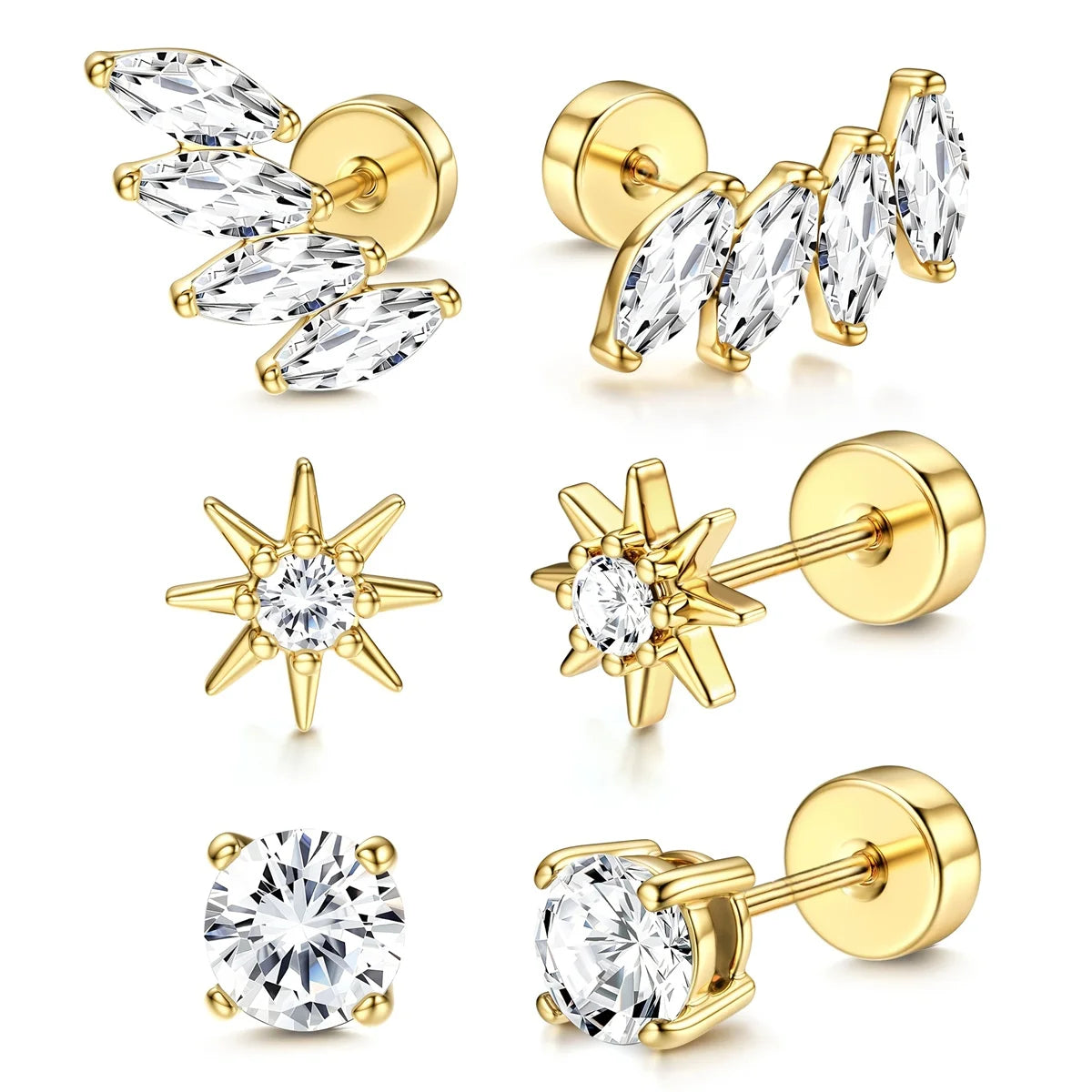 2/6Pcs 20G Novel Stainless Steel Hypoallergenic Flat Back Stud Earrings,Tiny CZ Cartilage Trgus Helix Percing Jewelry Set