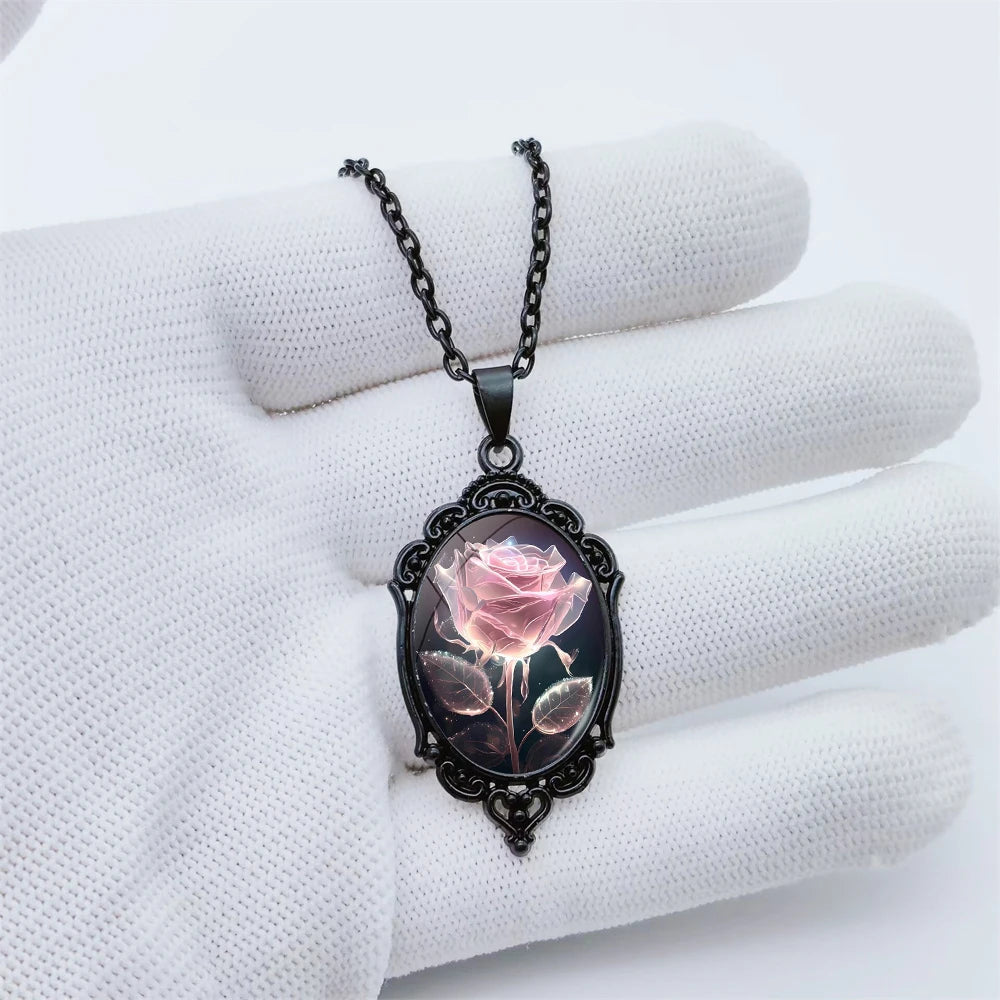 New Pink Rose Pendant Earrings Flower Art Black and White Lace Earrings Oval Glass Photo Niche Jewelry Romantic Gift Party
