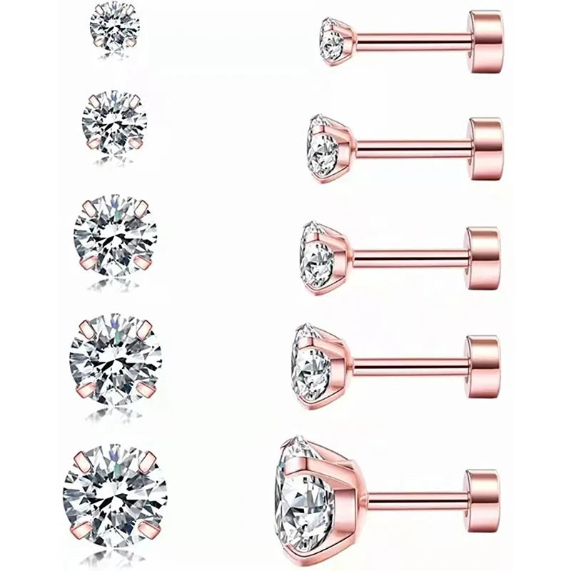 2 Pcs 18G Hypoallergenic Stud Earrings for Women Men Stainless Steel Flatback Earring Cubic Zirconia Earring Piercings