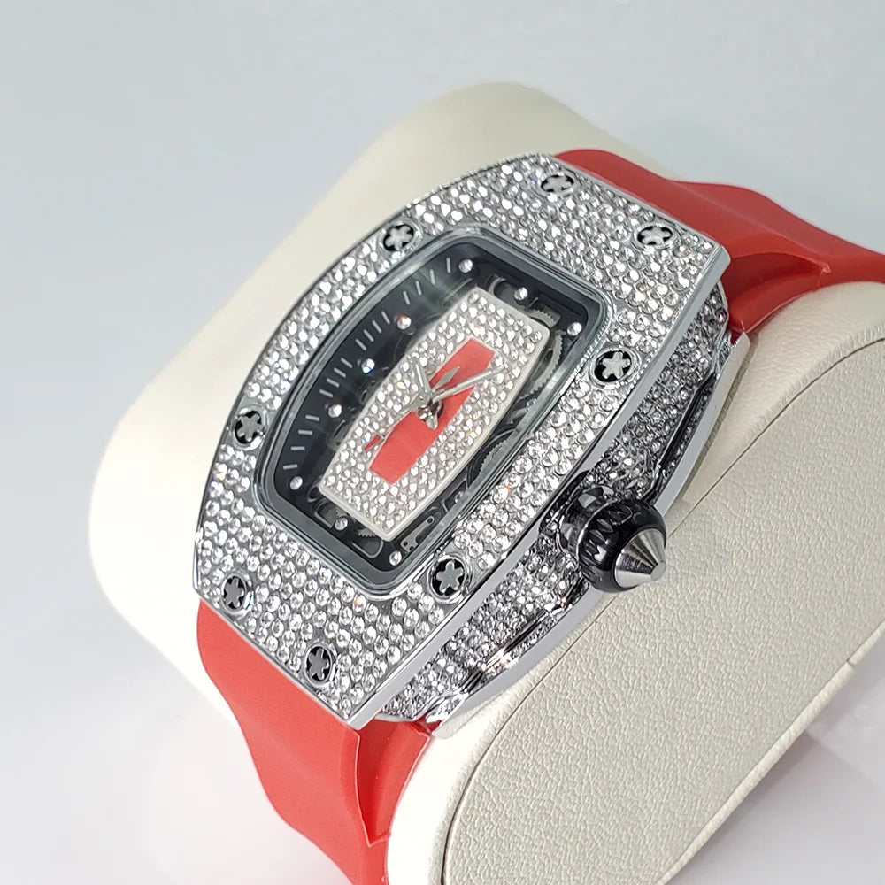 Luxury Diamond Watch For Women Elegant Tonneau Original Design Watches Fashion Ice Out Sport Rubber Strap Waterproof Mille Clock