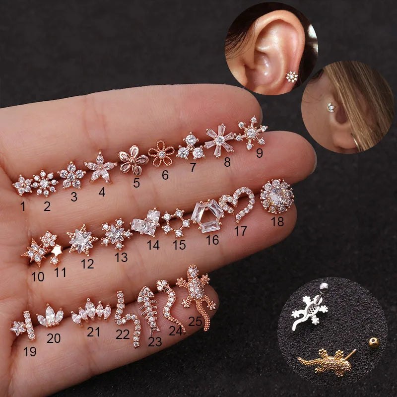 1PC Stainless Steel Gold Color Silver Color Flower CZ Tragus Cartilage Helix Star Ear Stud Piercing Zircon Daith Earring
