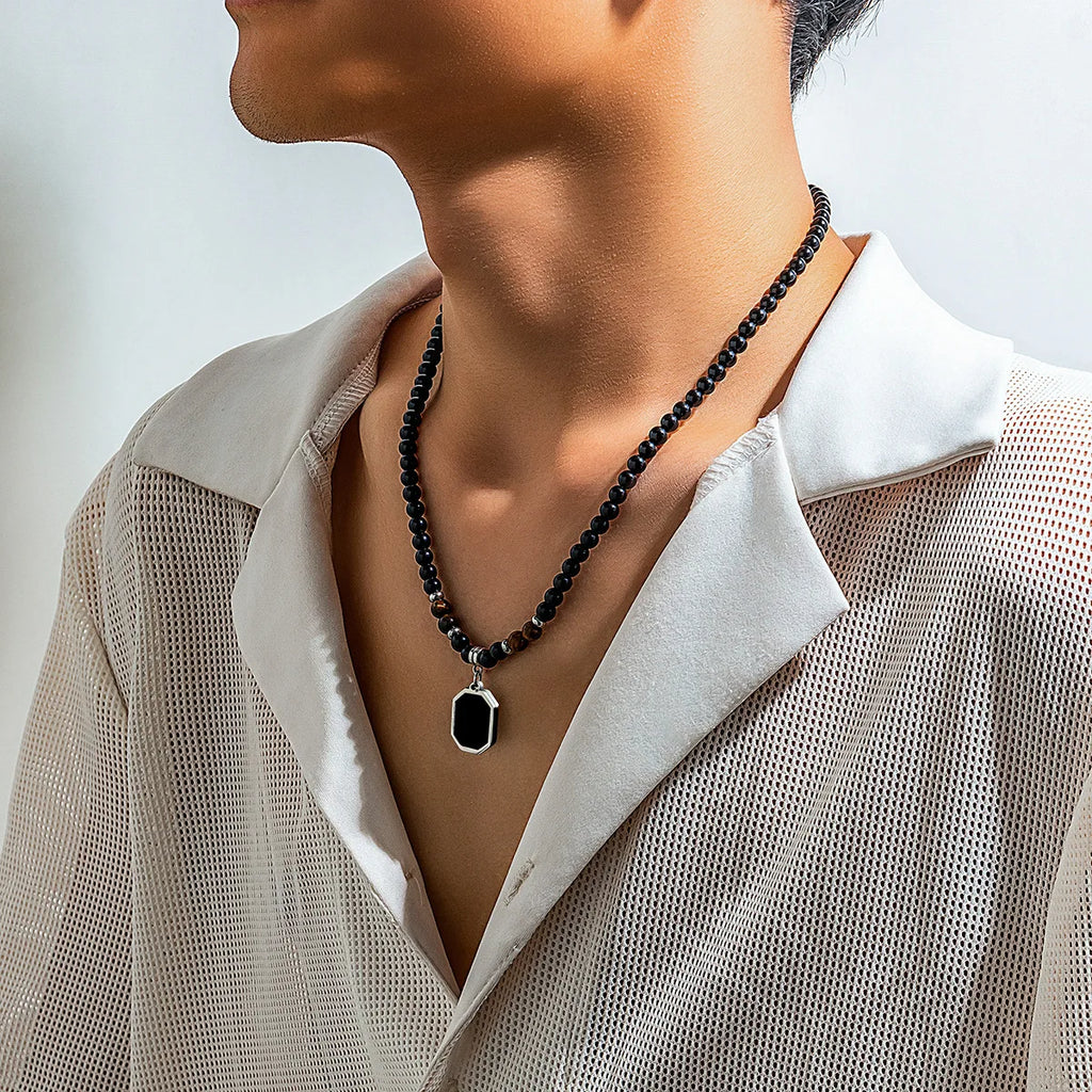 HNSP Black Crystal Pendant Bead Rosary Necklace For Men Jewelry Accessories