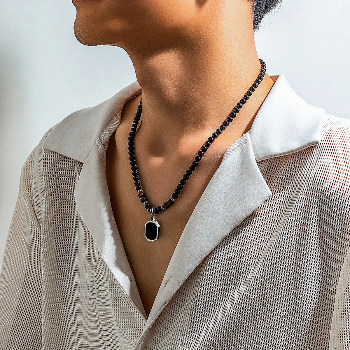 HNSP Black Crystal Pendant Bead Rosary Necklace For Men Jewelry Accessories
