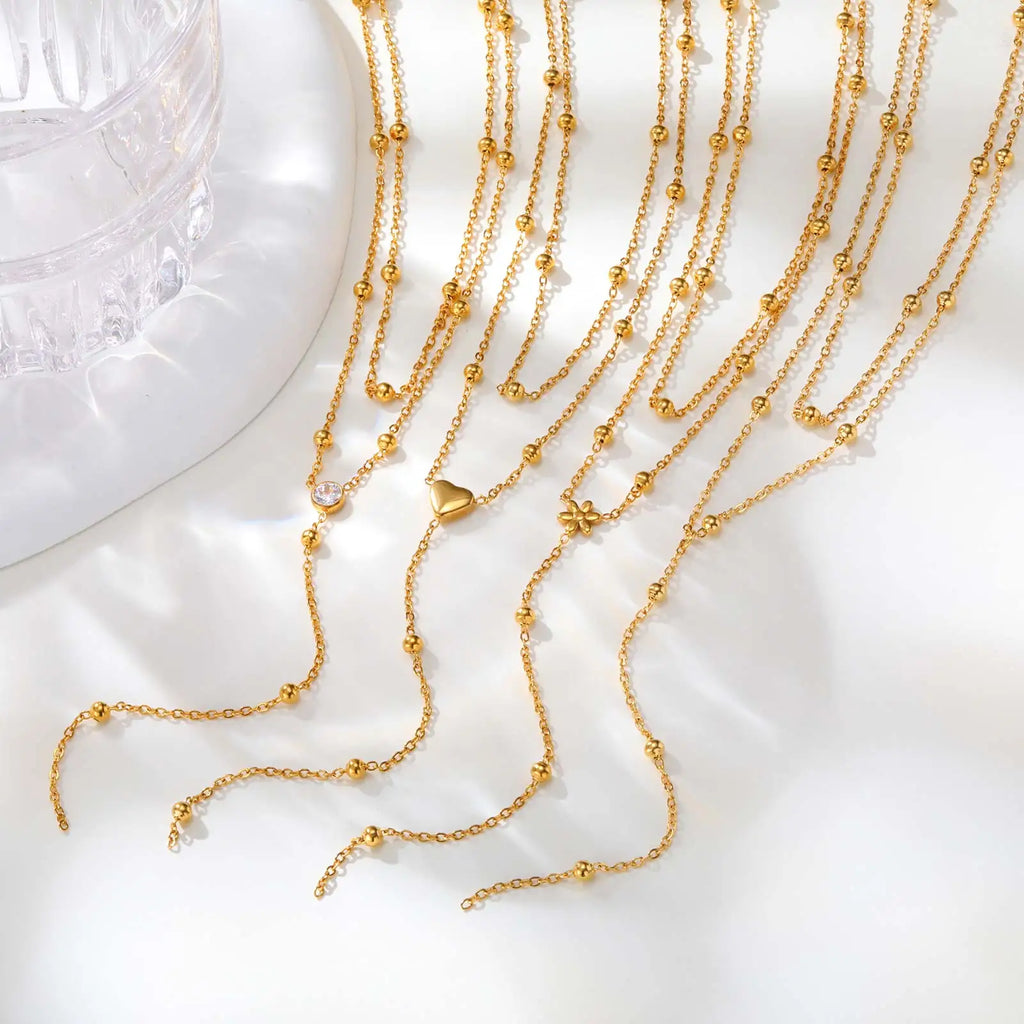 Dainty Bead Chain Zircon Heart-shaped Necklace for Women,Stainless Steel Flower Tassel Double Layer Y-shaped Necklaces Jewelry