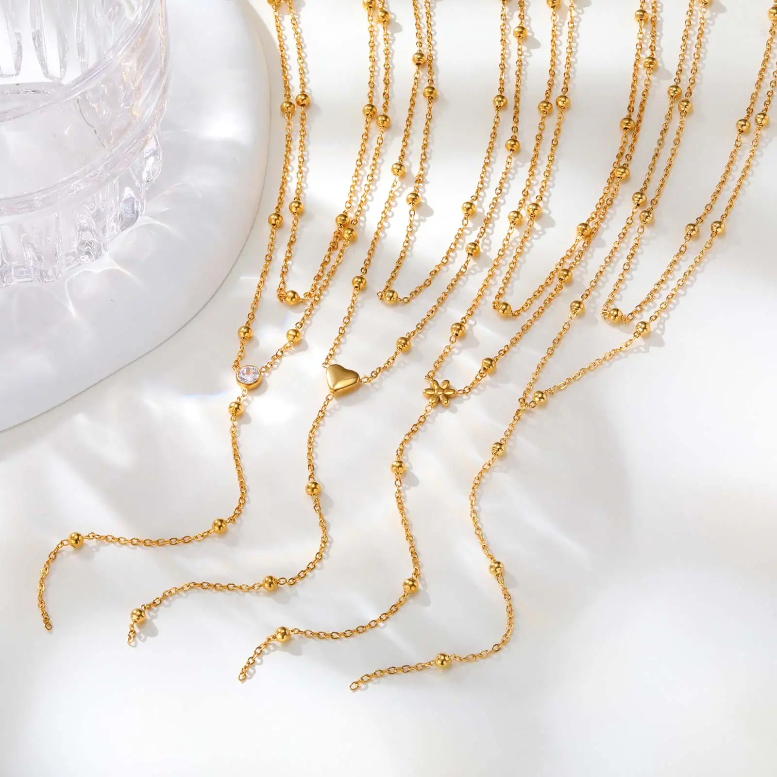 Dainty Bead Chain Zircon Heart-shaped Necklace for Women,Stainless Steel Flower Tassel Double Layer Y-shaped Necklaces Jewelry