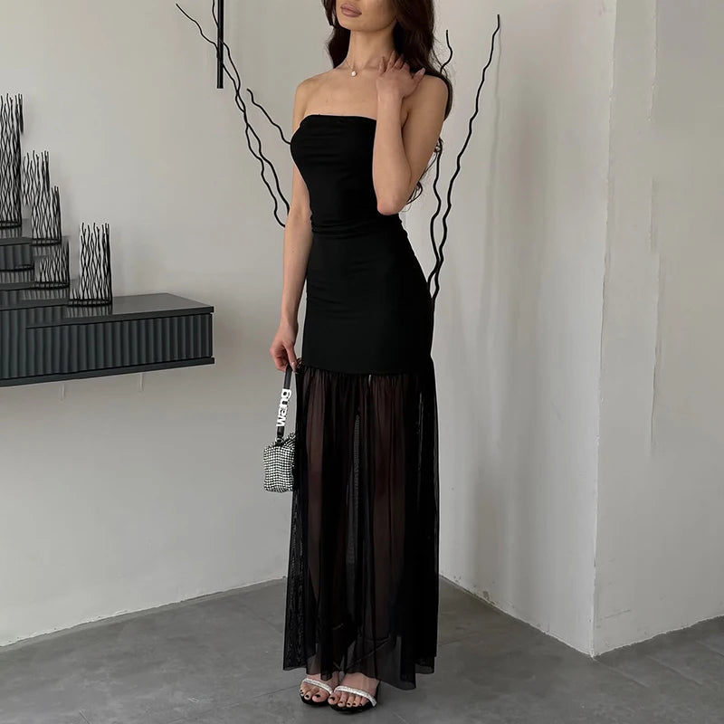 Tornova Sexy Strapless Split Long Dress For Women Mesh Splice Retro Elegant Party Dress Sleeveless Summer Vacation Dress Female