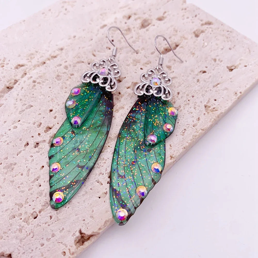 Handmade Fairy Simulation Wing Earrings Insect Butterfly Wing Drop Earrings Foil Rhinestone Earrings Romantic Bridal Jewelry
