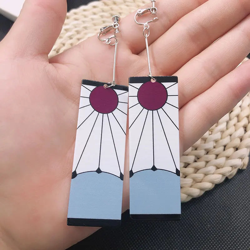 Anime Demon Slayer Kimetsu No Yaiba Kamado Tanjirou Earrings Acrylic Clip Drop Long Ear Jewelry Cosplay Props Accessories Gift