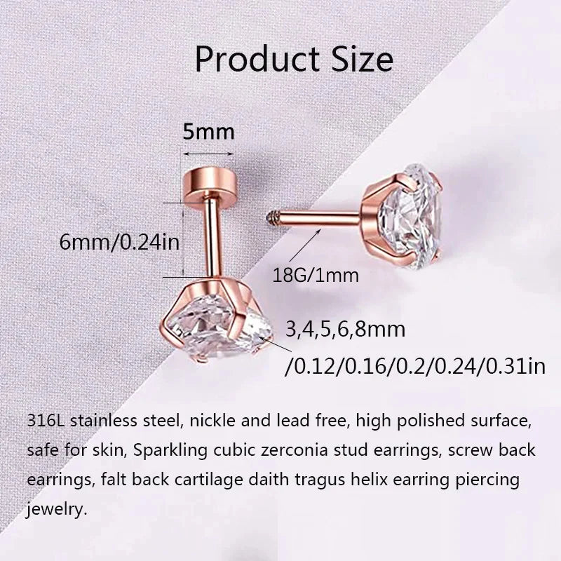 2 Pcs 18G Hypoallergenic Stud Earrings for Women Men Stainless Steel Flatback Earring Cubic Zirconia Earring Piercings