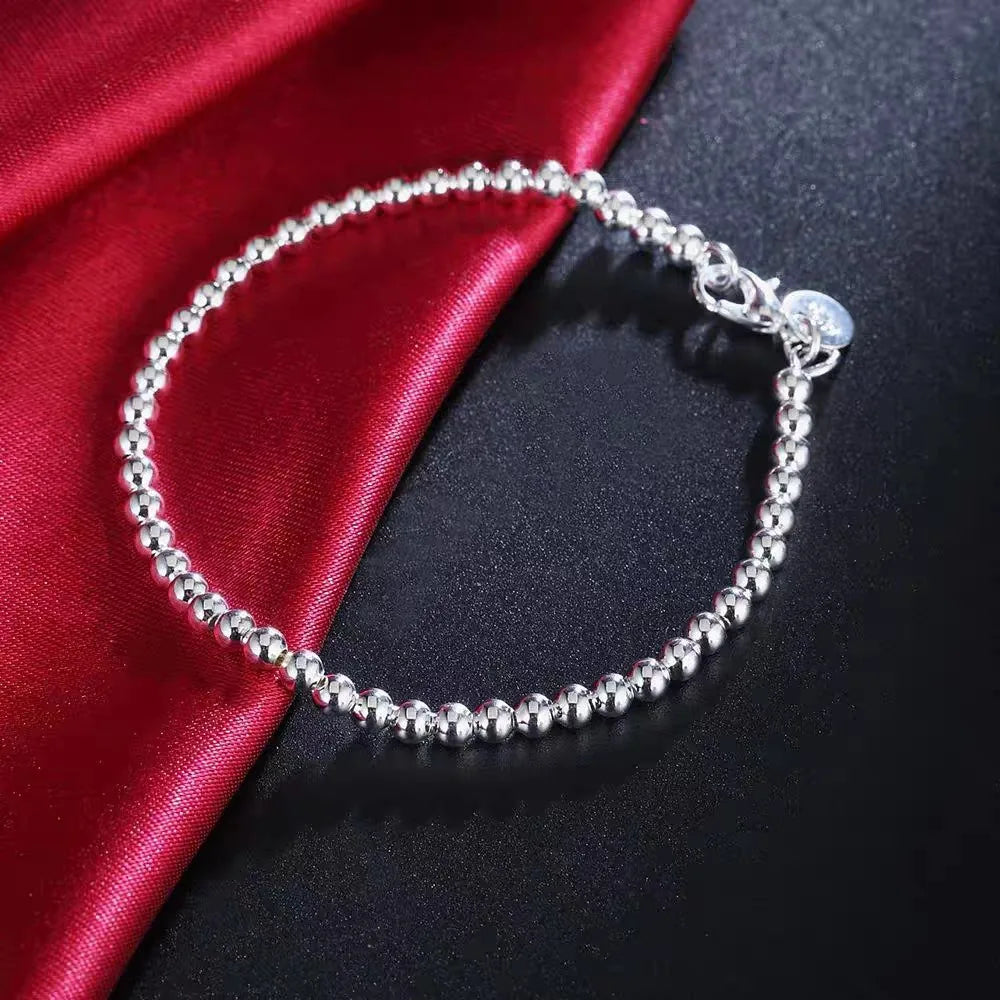 925 Sterling Silver Plated 4MM  Beads Ball Chain Bracelet For Women Men Fashion Jewelry elegant Jewelry Birthday Gift for women