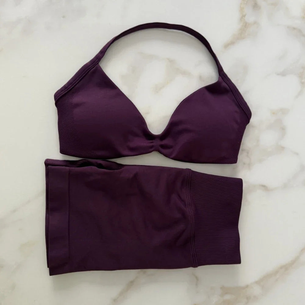 Seamless Sportswear Workout Set Women Two Piece Strappy Yoga Bra Top Scrunch Shorts Gym Clothes