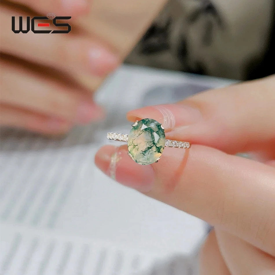 WES Oval Natural Birthstone Moonstone Promise Ring for Woman Aquamarine Moss Agate 925 Silver Jewelry Birthday Gift With Box