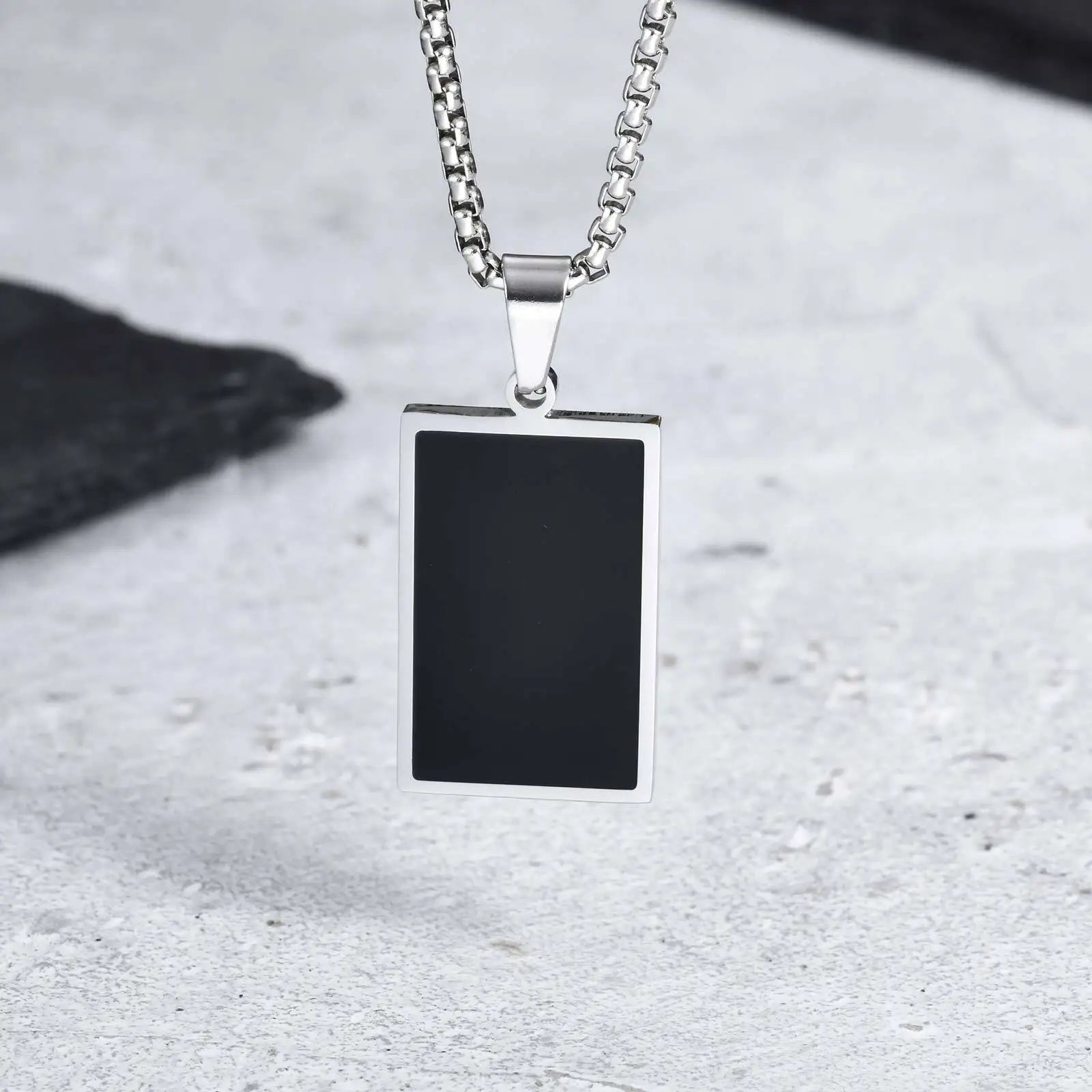 Casual Mens Geometric Square Necklaces,Black Enamel Rectangle Pendant with Rope Box Long Chain Collar,Stylish Jewelry Gifts