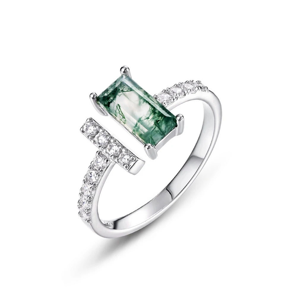 WES 925 Sterling Silver Open Ring for Woman Classic Unique Green Moss Agate Crystal Ring Engagement Gift Wholesale Oval Cut
