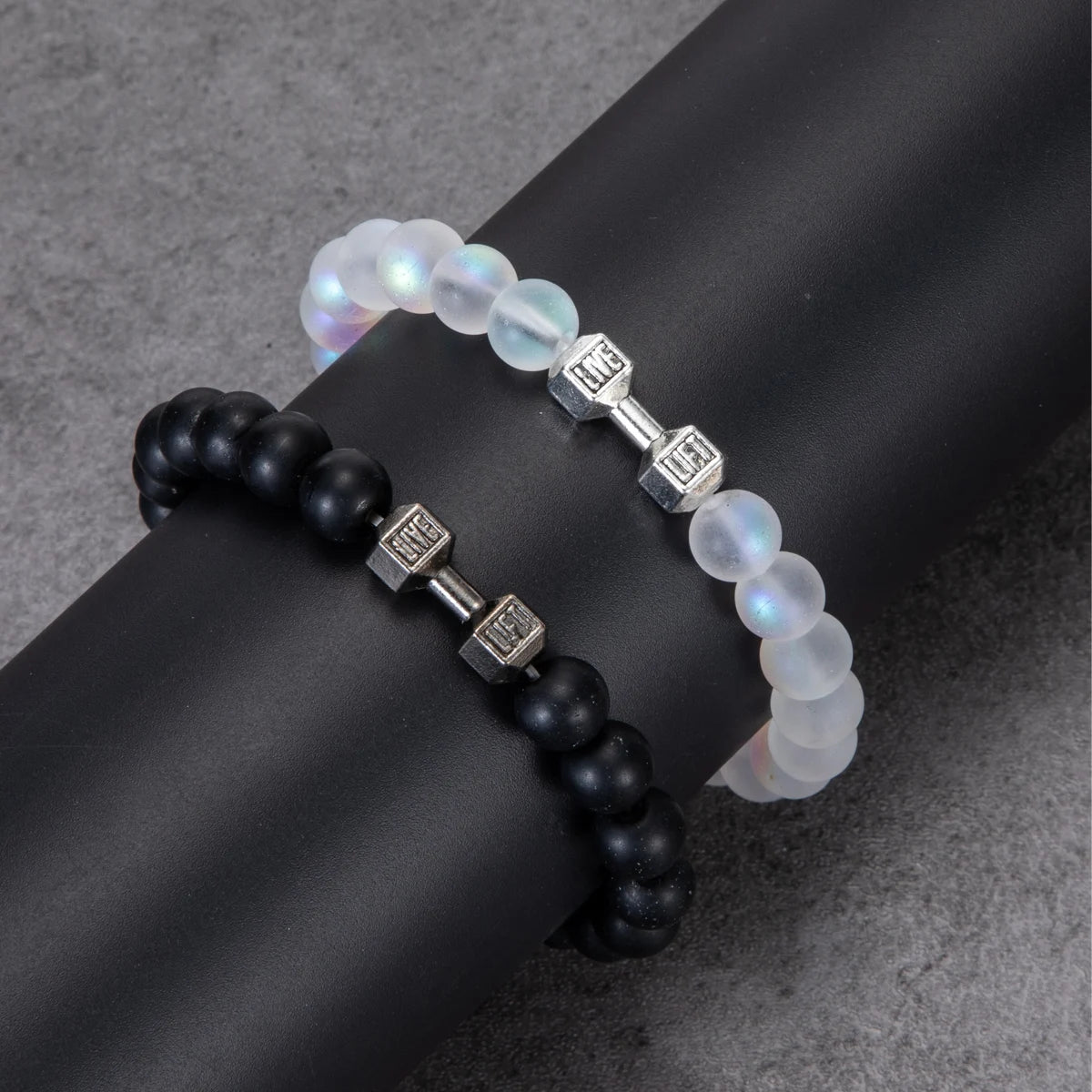 2pcs/Set Natural Stone Dumbbell Beaded Bracelet Black Beads Fitness Fit Life Prayer Bracelets Bangles Barbell Men Jewelry