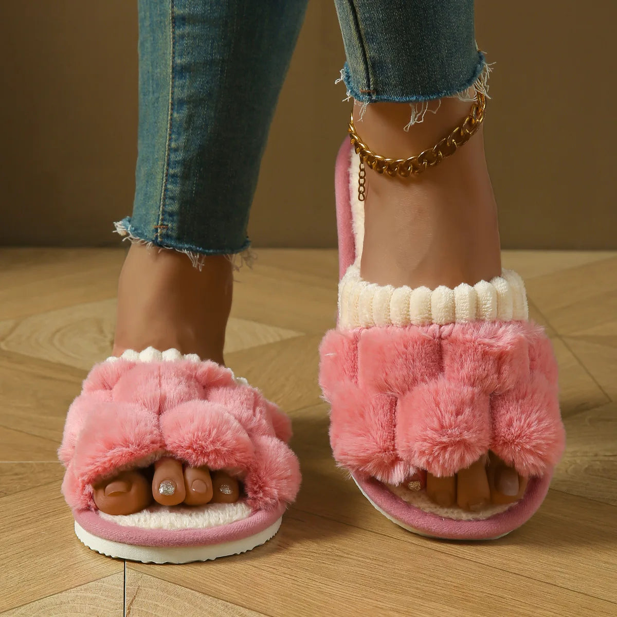 Fashion Women Slippers Cotton Plush Warm Female Light EVA Flat Bottom Non-slip Comfortable Slides Winter Autumn House Shoes