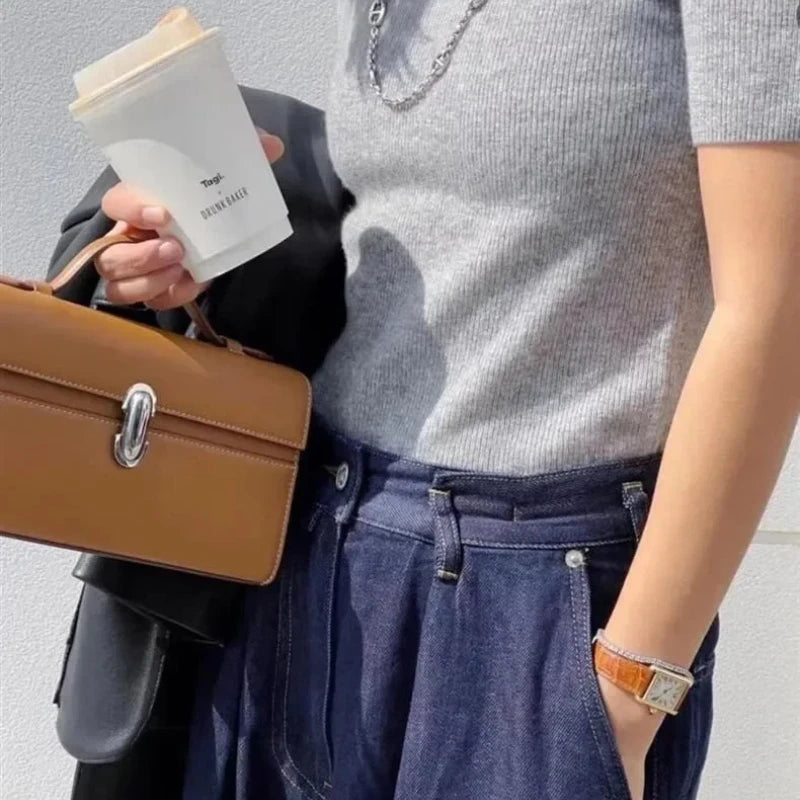 SAVETTE Brand The Symmetry 19 Genuine Leather Handbag Solid Color Simple Handbag Small Square Row Bag Women's Suede