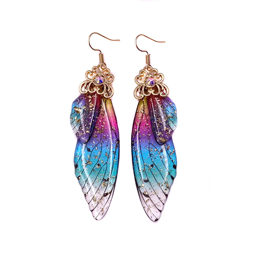 Handmade Fairy Simulation Wing Earrings Insect Butterfly Wing Drop Earrings Foil Rhinestone Earrings Romantic Bridal Jewelry