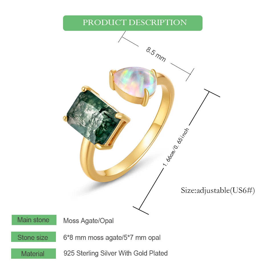 WES 925 Sterling Silver Open Ring for Woman Classic Unique Green Moss Agate Crystal Ring Engagement Gift Wholesale Oval Cut