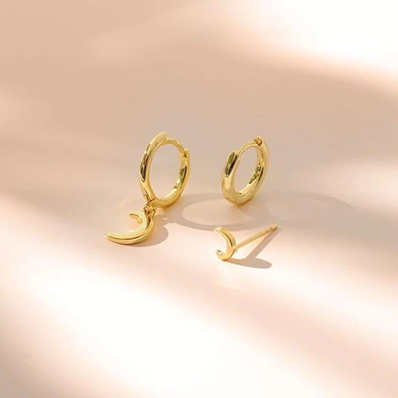 3 Pairs Gold Plated Stainless Steel Stud Earrings Set Heart Moon Star Small Hoop Earrings For Women