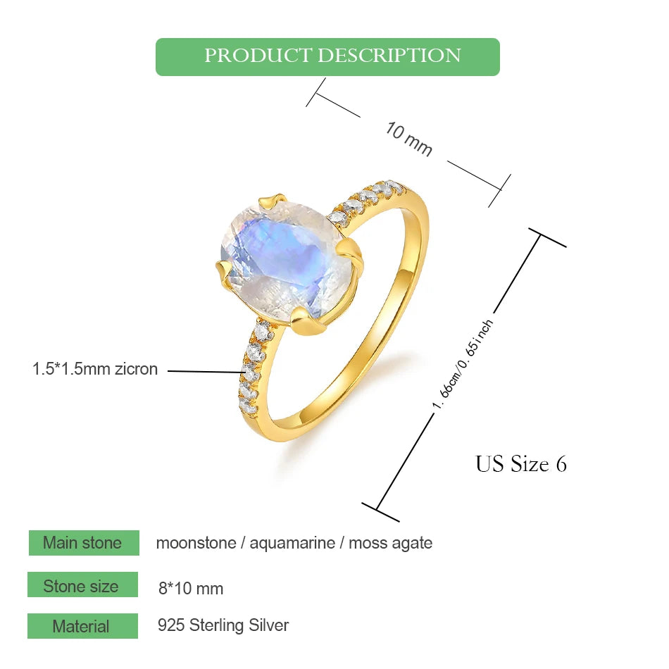 WES Oval Natural Birthstone Moonstone Promise Ring for Woman Aquamarine Moss Agate 925 Silver Jewelry Birthday Gift With Box