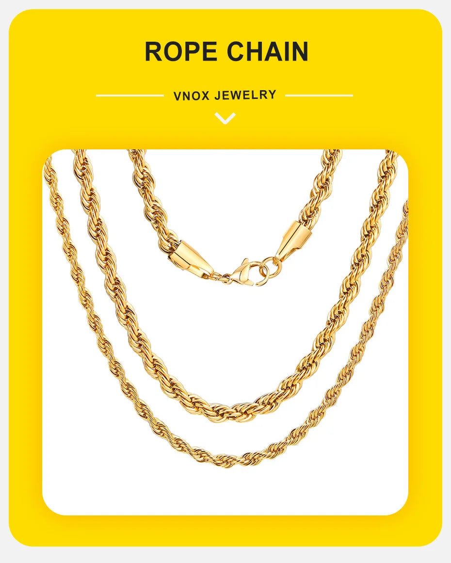 Vnox Dainty Gold Color Rope Chain Necklaces for Women Men,Chic Twisted Collar, Waterproof Stainless Steel Link 2/3/4/5mm Width