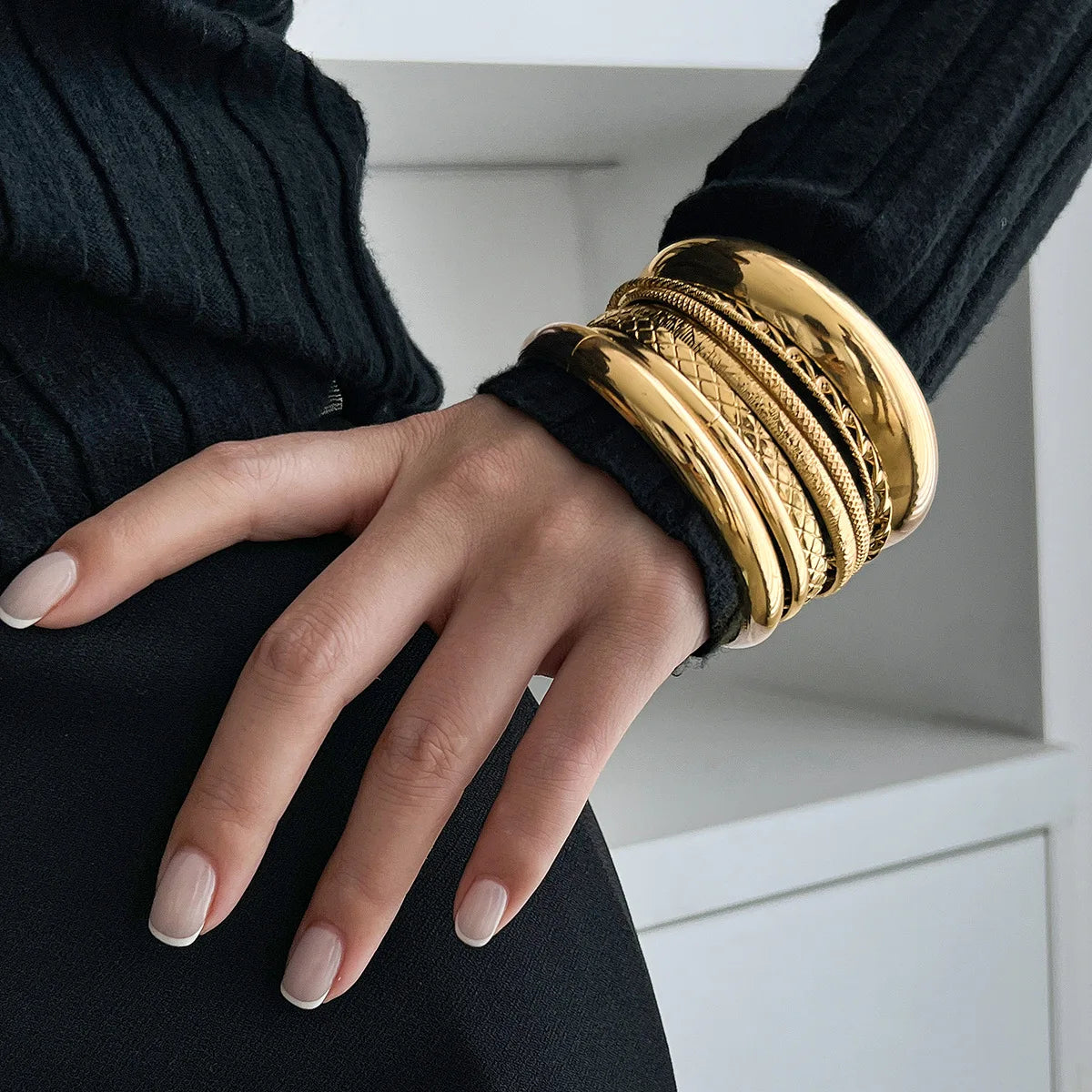 KMVEXO Exaggerated Punk Irregular Wide Cuff Bangle Set for Women Vintage Gold Color Chunky Metal Bracelets Men Hand Jewelry Gift