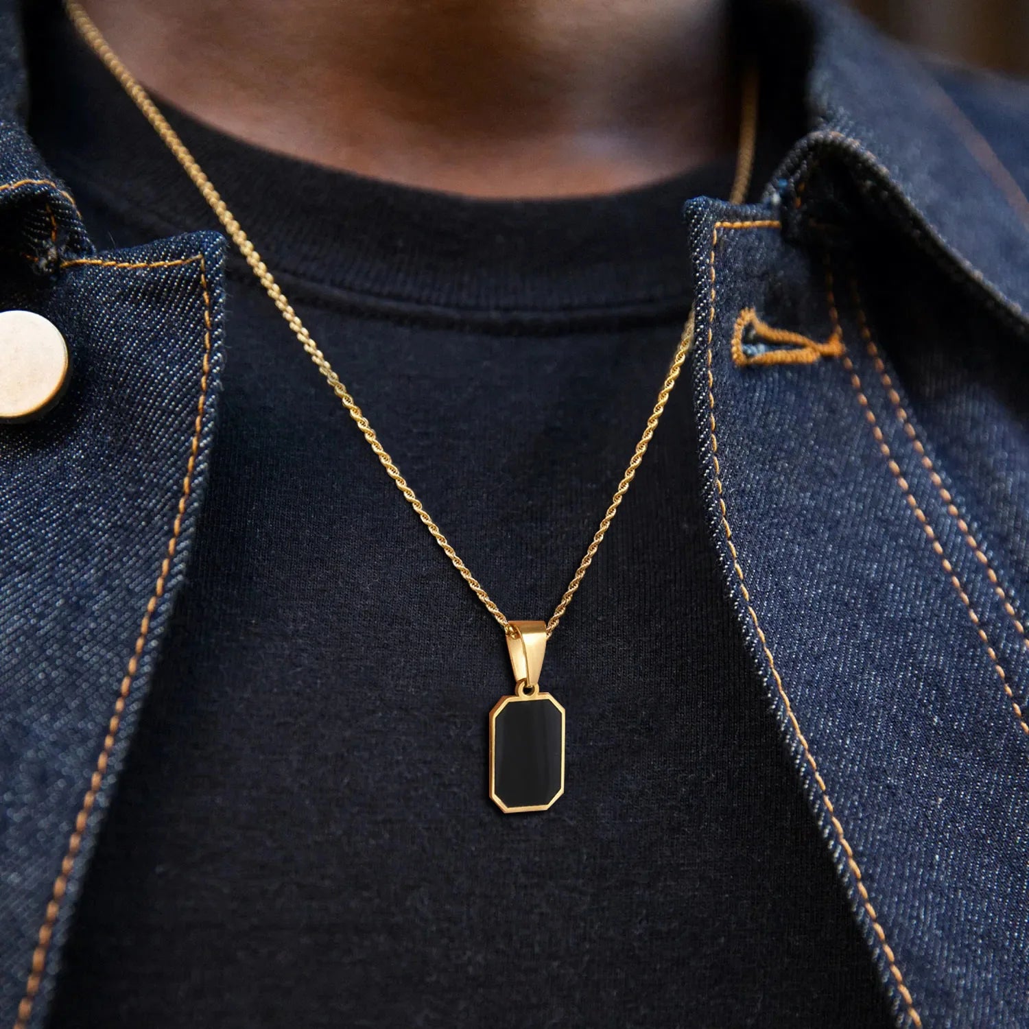 Casual Mens Geometric Square Necklaces,Black Enamel Rectangle Pendant with Rope Box Long Chain Collar,Stylish Jewelry Gifts