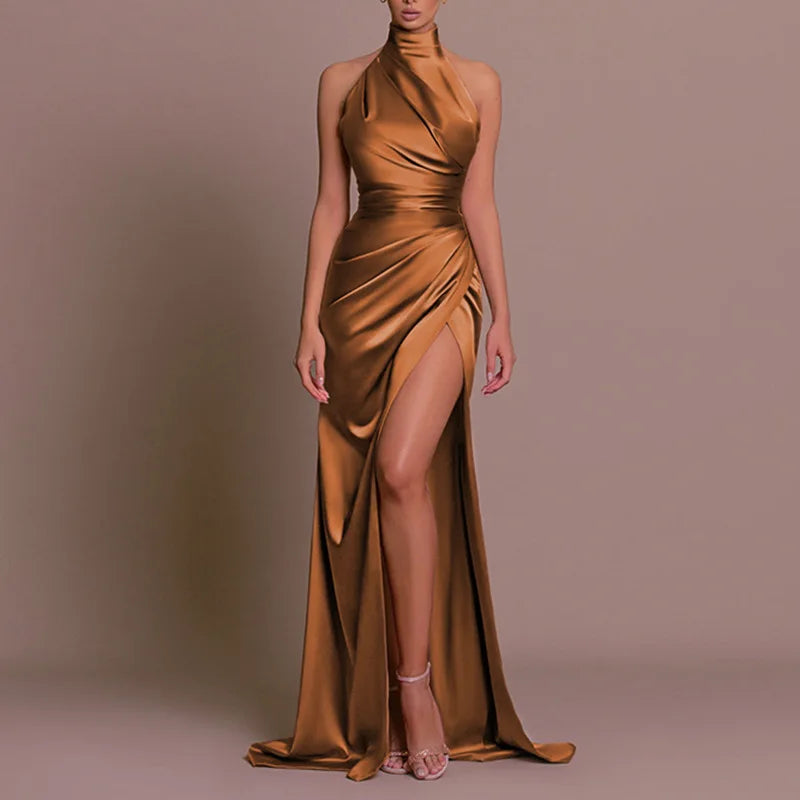 Sexy Satin Halter Dress - Ruched Slit Long Evening Gown