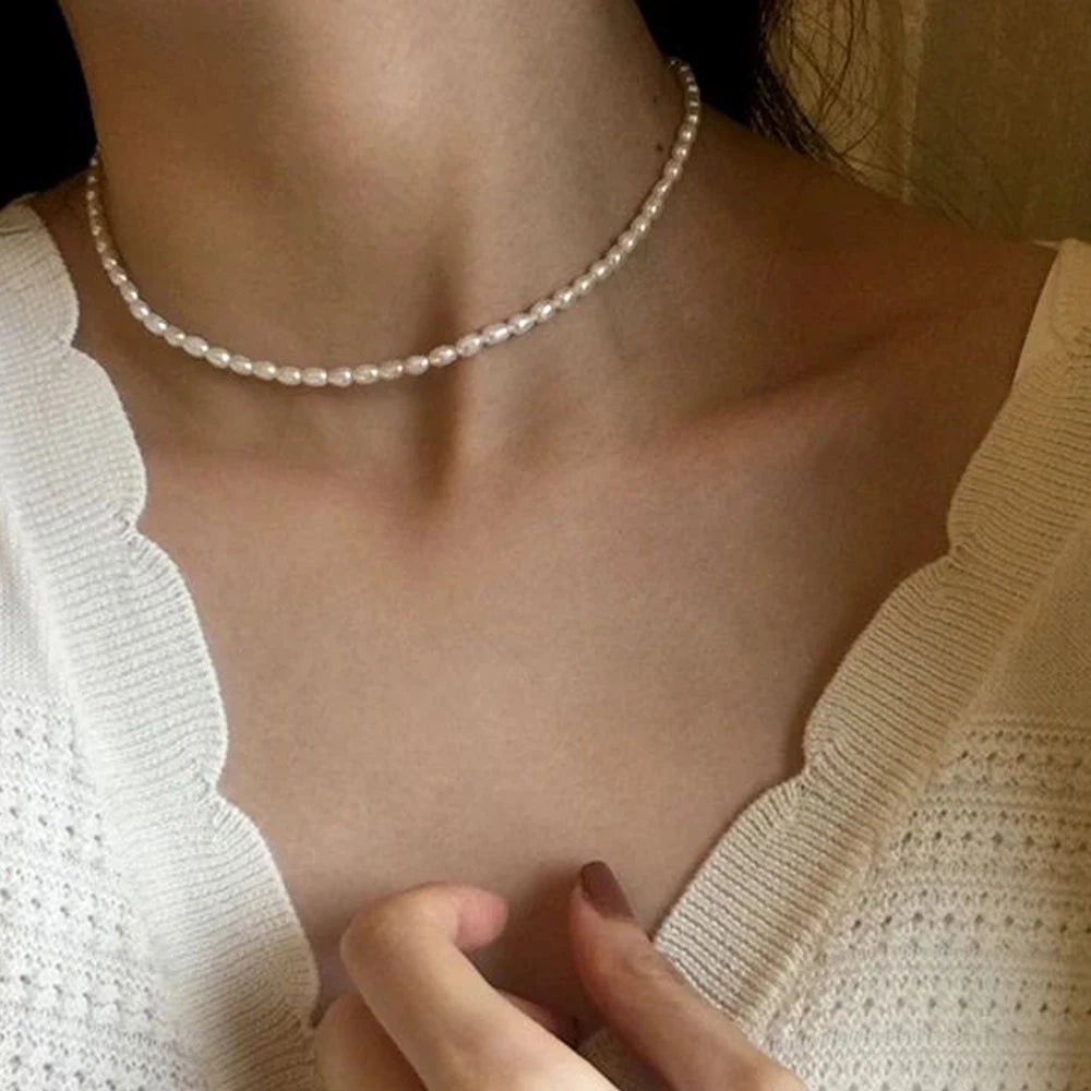 eManco 3MM Imitation Pearl Necklaces Oval White Stainless Steel Necklace Women's Collarbone Chain