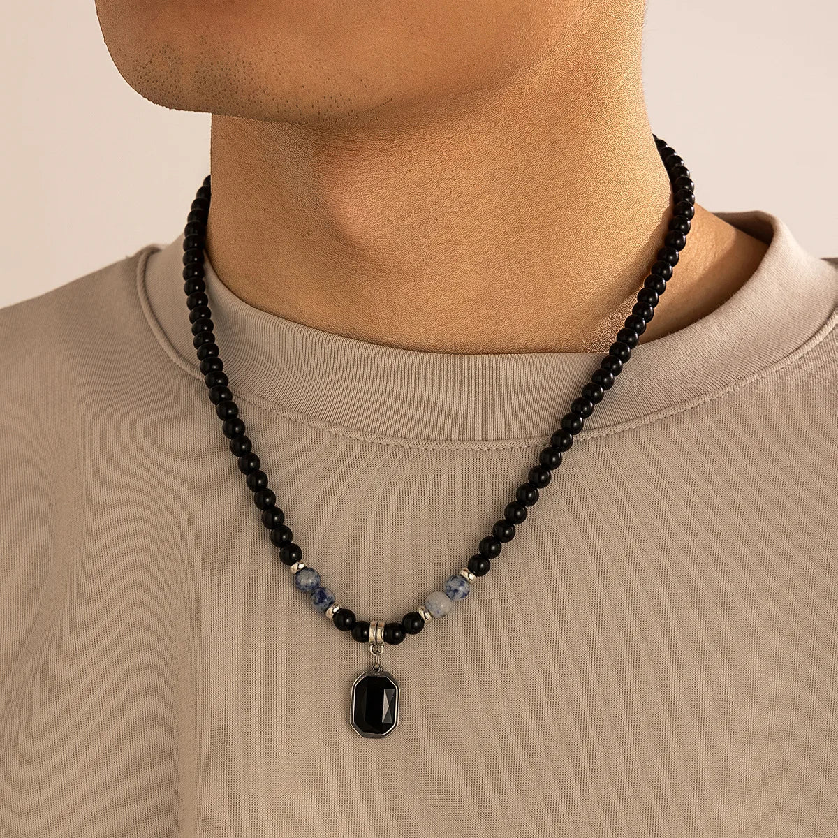 HNSP Black Crystal Pendant Bead Rosary Necklace For Men Jewelry Accessories