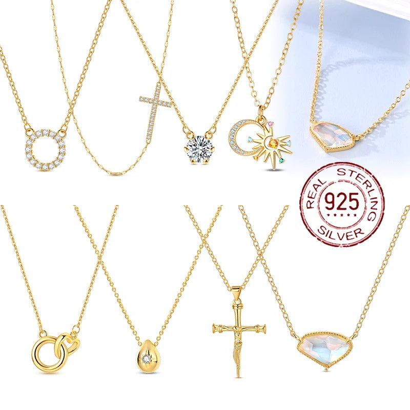 S925 Sterling Silver Minimalist Cross Necklace for Woman Personality Chain Shining Gold Color Party Necklaces for Women Jewelry