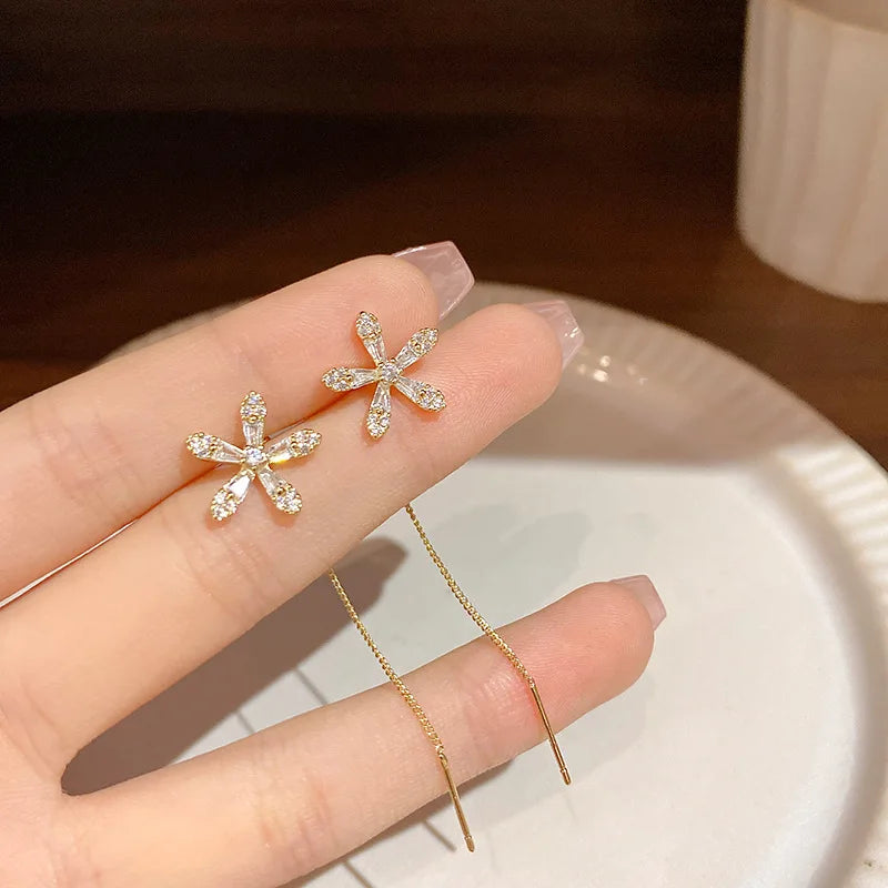 S925 Silver Needle Micro-inlaid Zircon Flower Ear Line Exquisite Light Luxury High Quality Drop Earring Star Jewelry Gifts