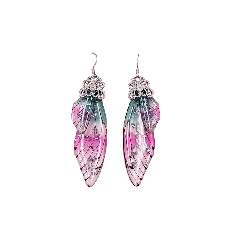Handmade Fairy Simulation Wing Earrings Insect Butterfly Wing Drop Earrings Foil Rhinestone Earrings Romantic Bridal Jewelry