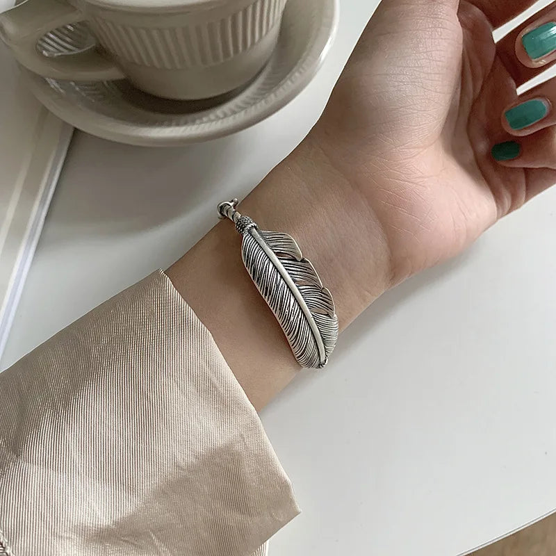 925 Sterling Silver Bracelet Bangle Feather Golden Flower Vintage Punk For Woman Men Fashion Jewelry Gift Dropship Wholesale