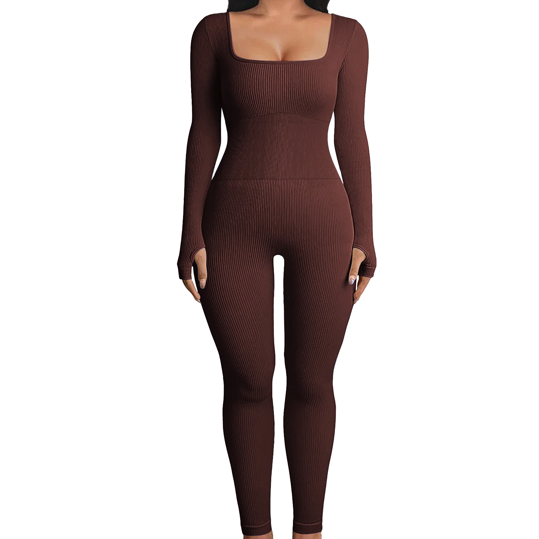 Solid Color Ribbed Yoga Jumpsuit, Seamless Slim Fit Long Sleeve Sports Bodysuit, Women's Activewear